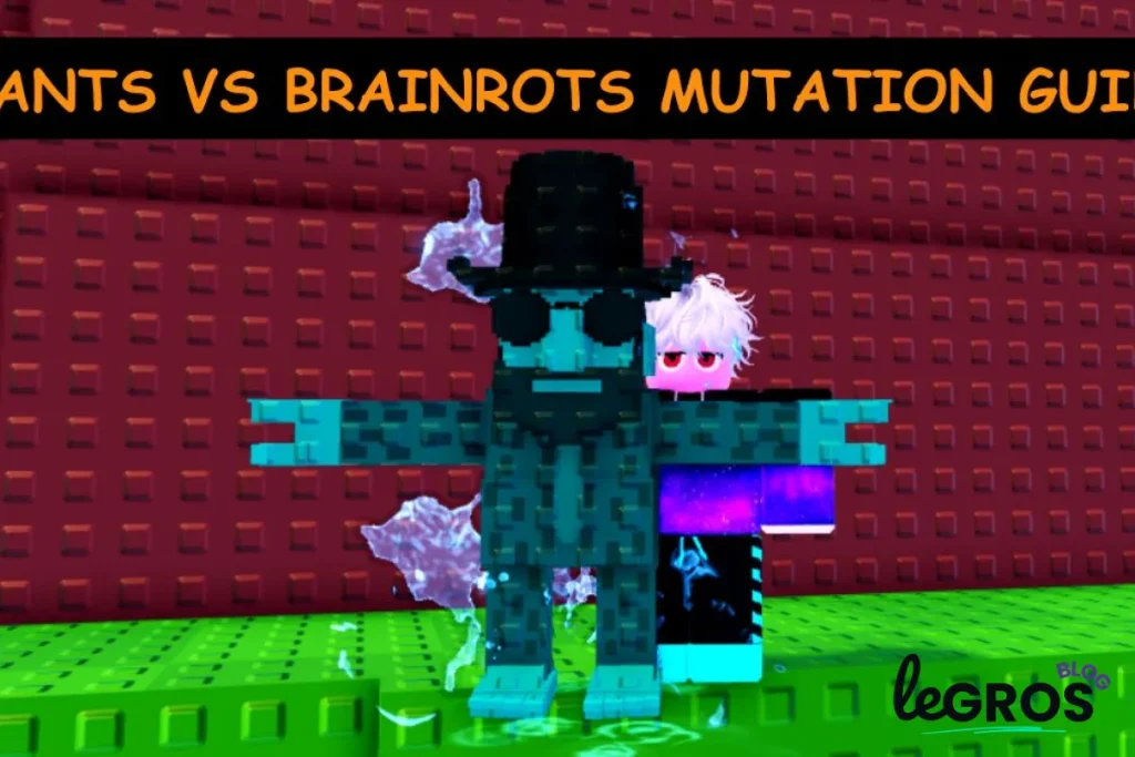 Deux personnages pixelisés se tiennent devant un mur de briques rouges sur lequel est écrit "ANTS VS BRAINROTS MUTATION GUI".