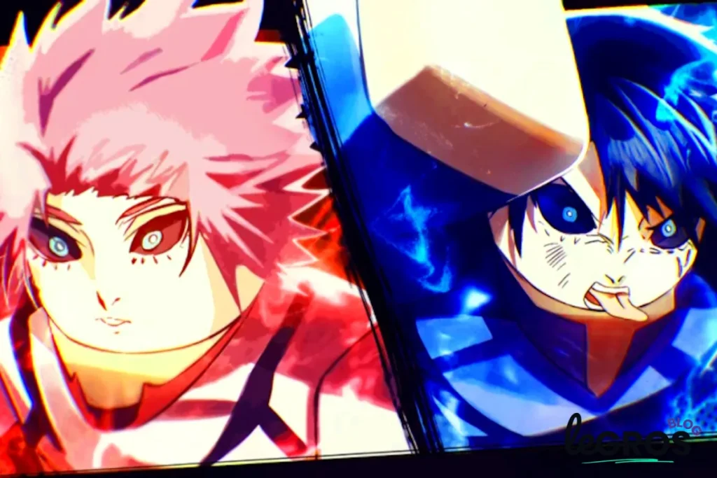 Illustration d'anime en écran partagé montrant deux personnages, l'un avec des cheveux roses et des tons rouges à gauche, et l'autre avec des cheveux foncés et des tons bleus à droite, tous deux avec des expressions intenses.