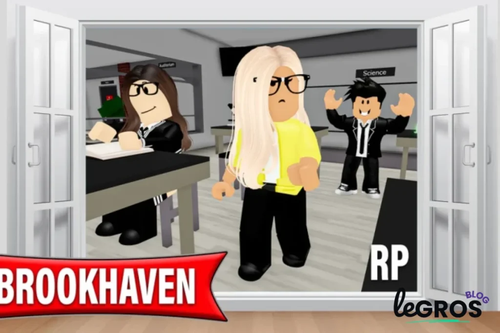 Capture d'écran du RP Brookhaven montrant trois avatars Roblox dans une salle de classe, deux à des bureaux et un debout. Le logo de Brookhaven est visible dans le coin inférieur gauche.
