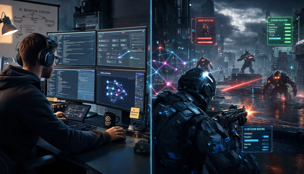Une personne travaille sur un ordinateur avec plusieurs moniteurs affichant des codes et des diagrammes ; à côté se trouve une scène futuriste de soldats armés affrontant des robots dans une ville éclairée au néon avec des superpositions de HUD numériques.