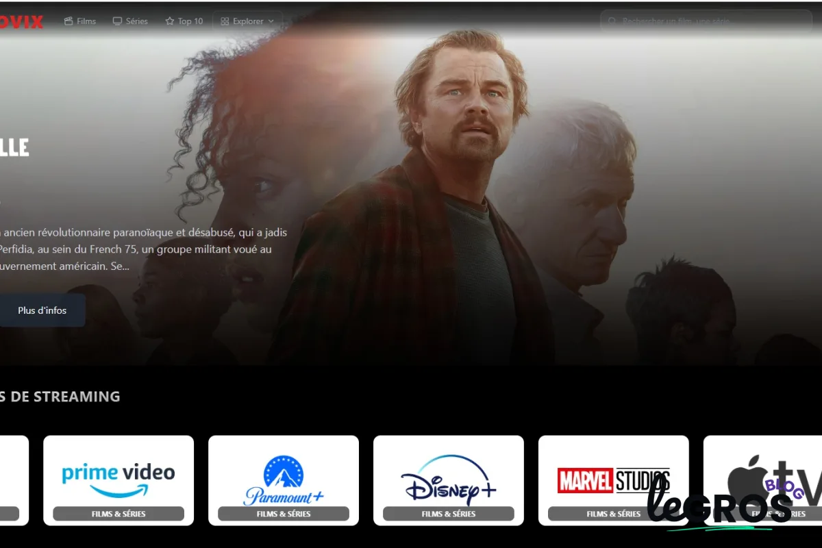 Un homme aux cheveux et à la barbe ébouriffés se tient devant un groupe de personnes. Des logos de services de streaming sont affichés en bas de l’image.