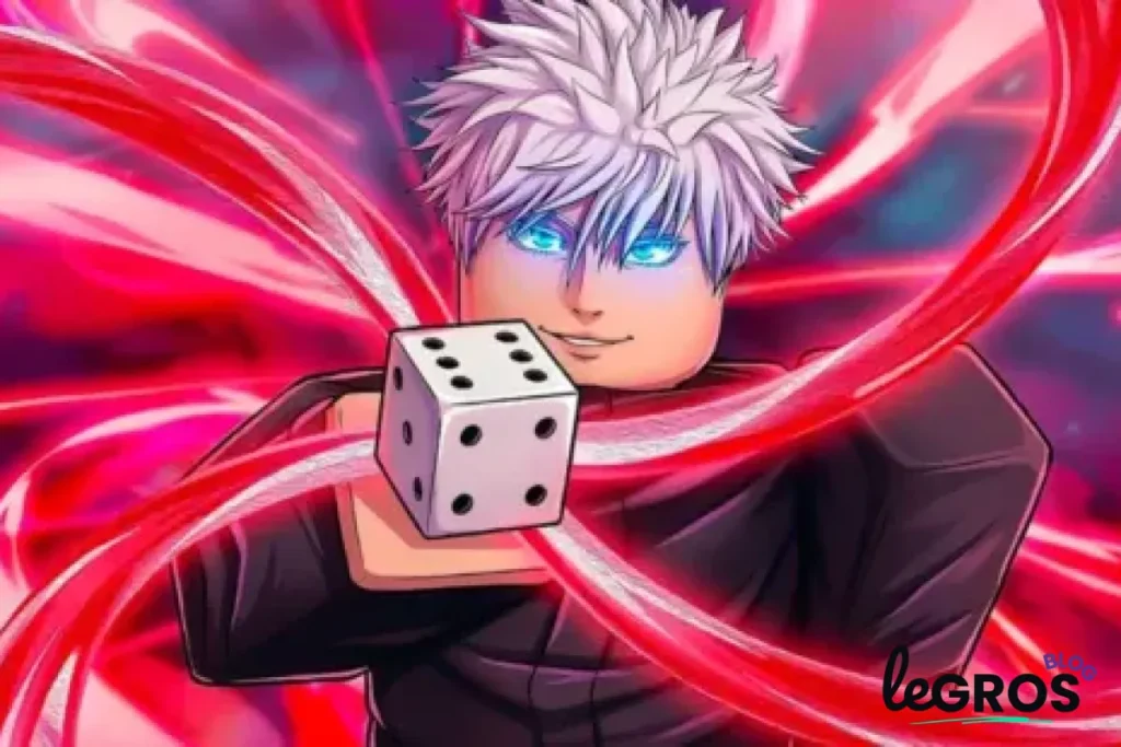 Un personnage animé aux cheveux blancs hérissés et aux yeux bleus brillants tient un dé, entouré d'une énergie rouge tourbillonnante, sur fond de logo "legros".